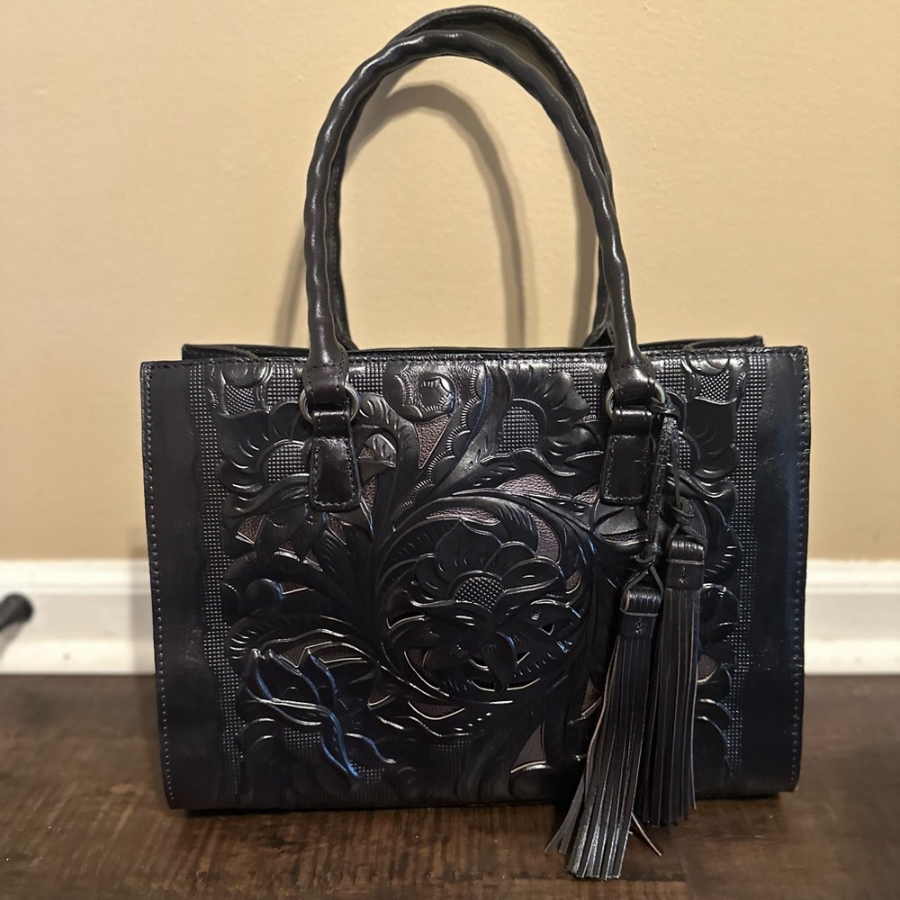 Patricia Nash Leather Primrose Smoke Black Satchel Bag - Picture 2 of 8